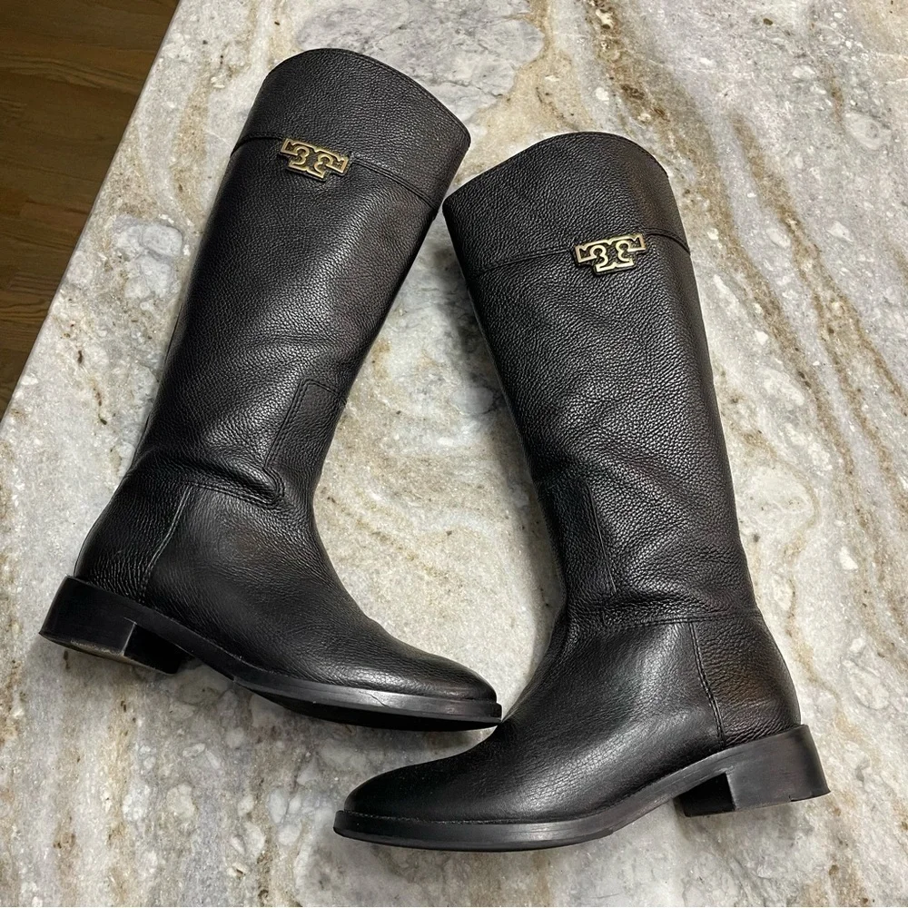 Tory Burch Joanna Riding Boots Pebbled Leather Black Boots Women’s
